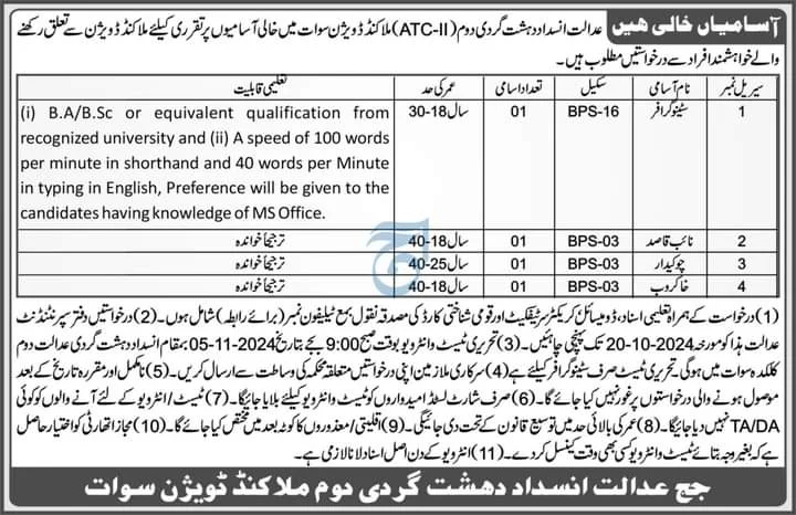 Anti-Terrorism Court Swat ATC Jobs 2024 